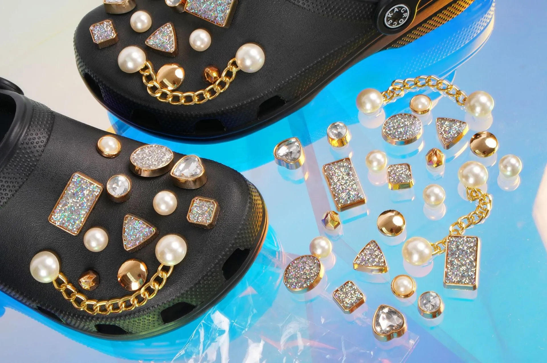 26pcs Shoe Charms Set with Metal Chain, Luxury Jewelry Decoration Charms Pack Bling Rhinestone Accessories