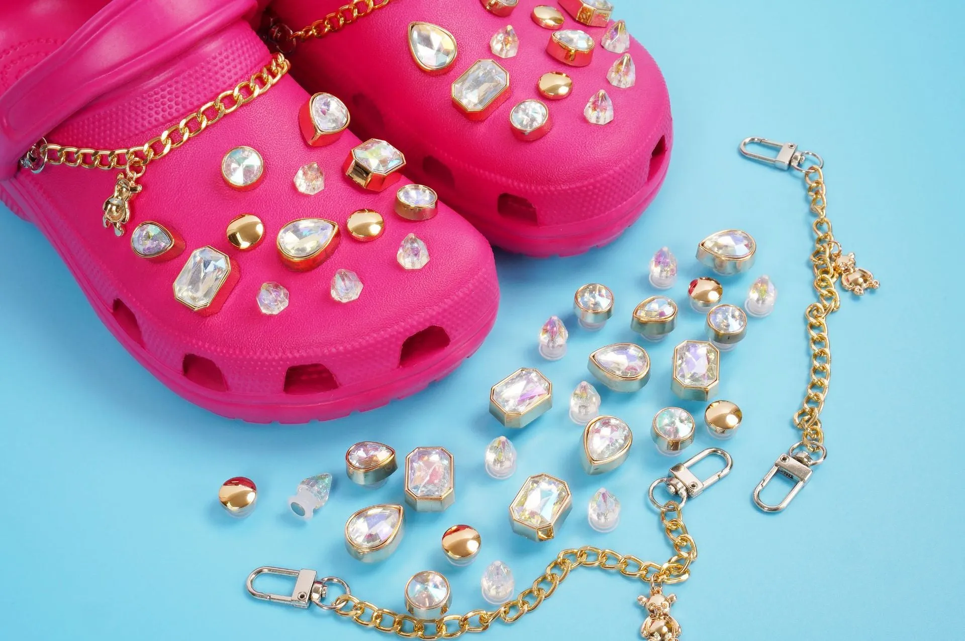 26pcs Shoe Charms Set with Metal Chain, Luxury Jewelry Decoration Charms Pack Bling Rhinestone Accessories