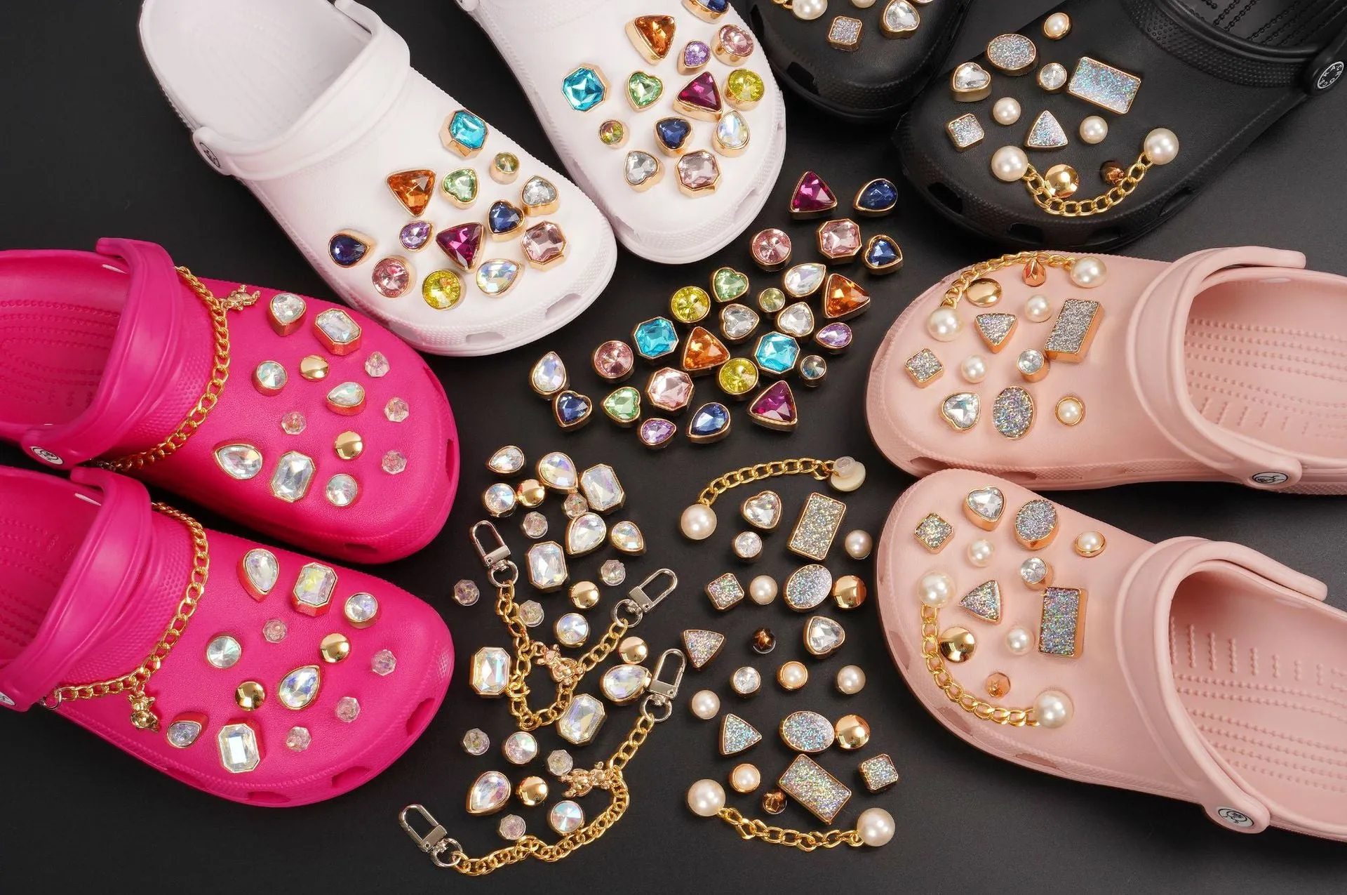 26pcs Shoe Charms Set with Metal Chain, Luxury Jewelry Decoration Charms Pack Bling Rhinestone Accessories