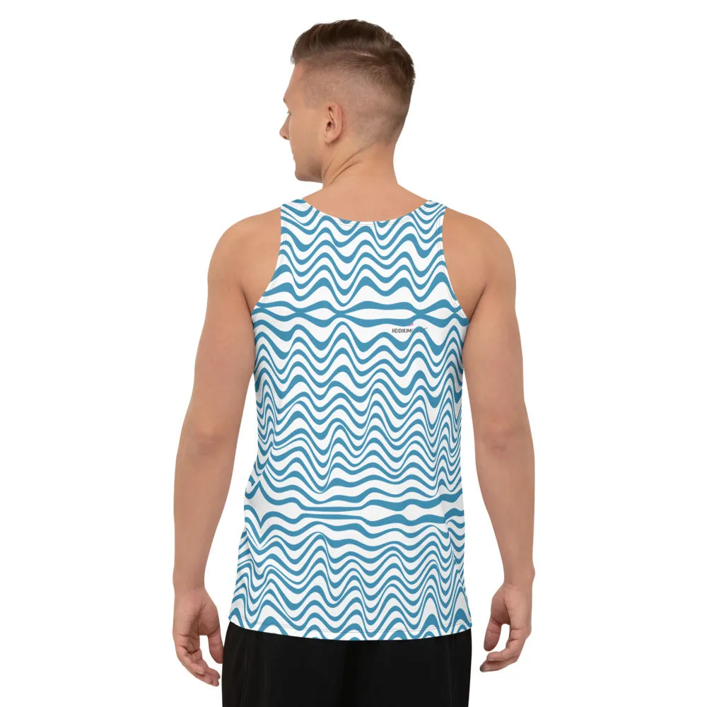Blue Wavy Unisex Tank Top, Modern Waves White Blue Men's or Women's Tanks-Made in USA/EU