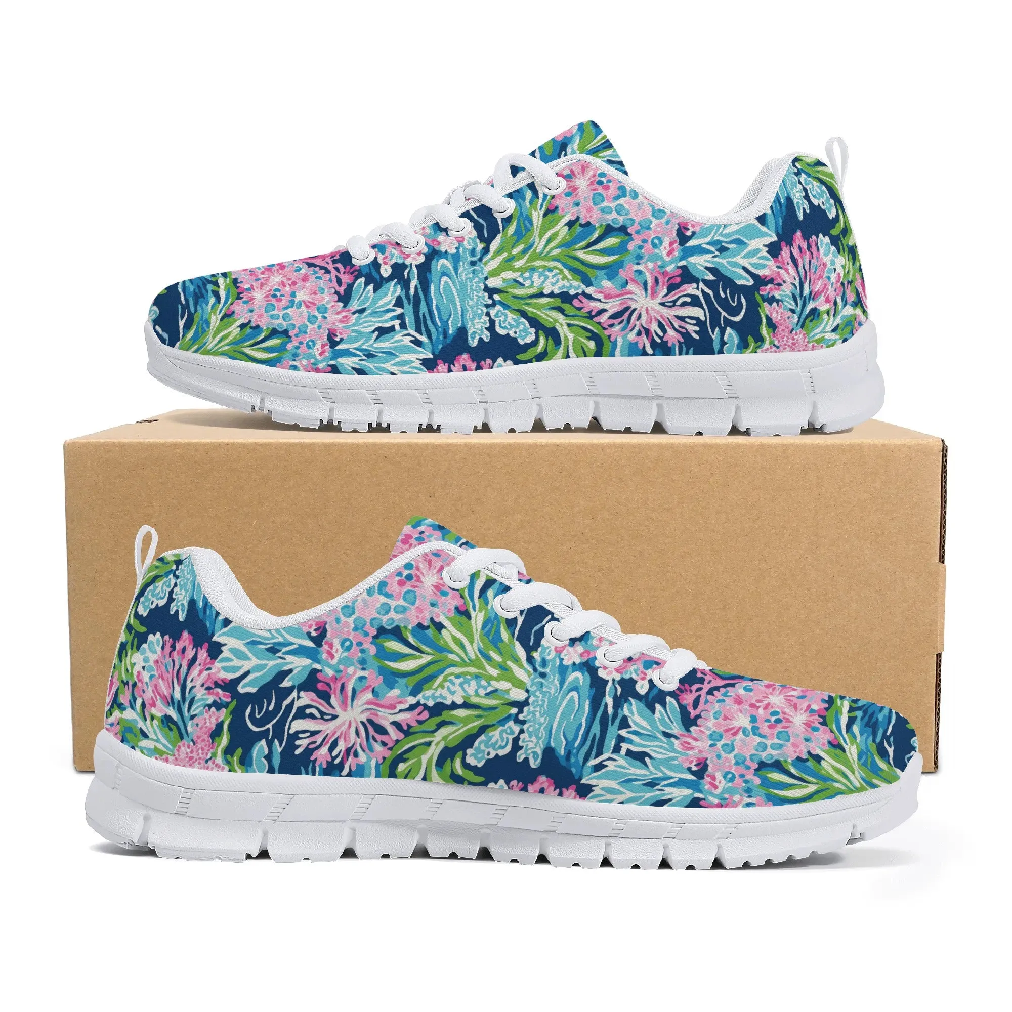 Blush Blossoms: Watercolor Water Garden Adorned with Pink Flowers Womens EVA Mesh Running Shoes US5-US12