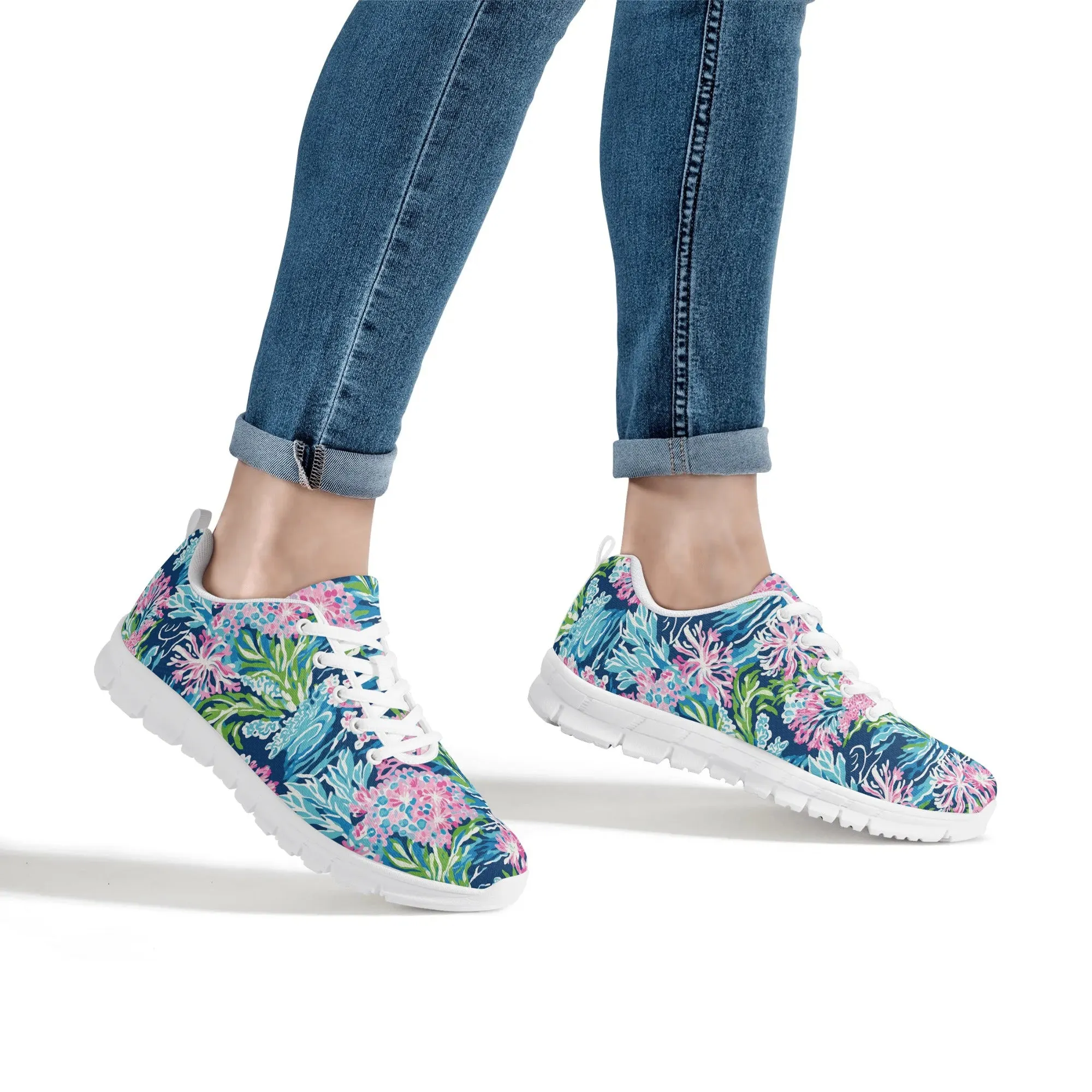 Blush Blossoms: Watercolor Water Garden Adorned with Pink Flowers Womens EVA Mesh Running Shoes US5-US12