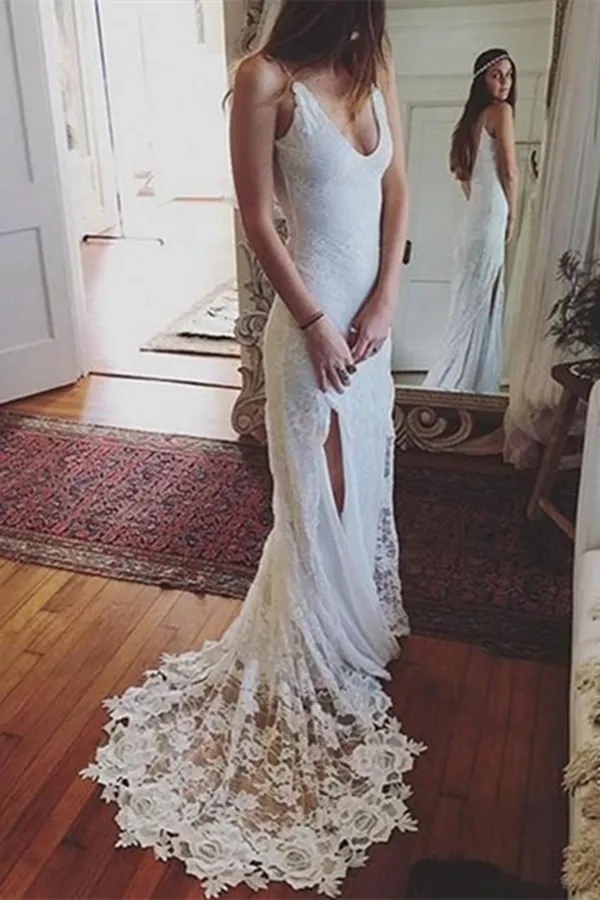 Kateprom Graceful Lace Spaghetti Straps Neckline Sheath Wedding Dress KPW0640