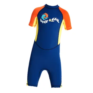 Knee Length Dive Navy & Orange Printed Kids Swimwear In Upf 50  Fabric