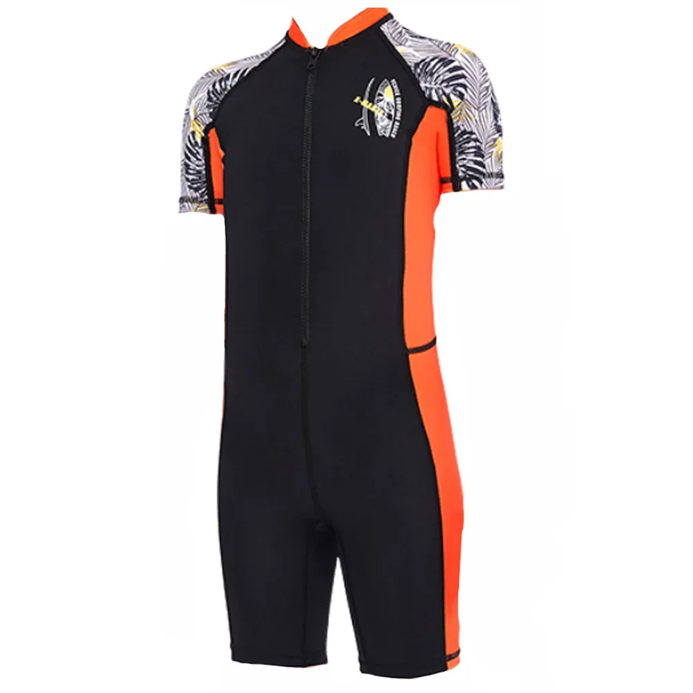 Knee Length Orange & Black Palm Leaves Printed Kids Swimwear In Upf 50  Fabric