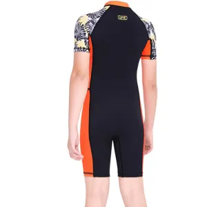 Knee Length Orange & Black Palm Leaves Printed Kids Swimwear In Upf 50  Fabric