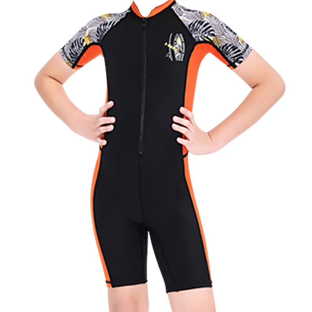 Knee Length Orange & Black Palm Leaves Printed Kids Swimwear In Upf 50  Fabric