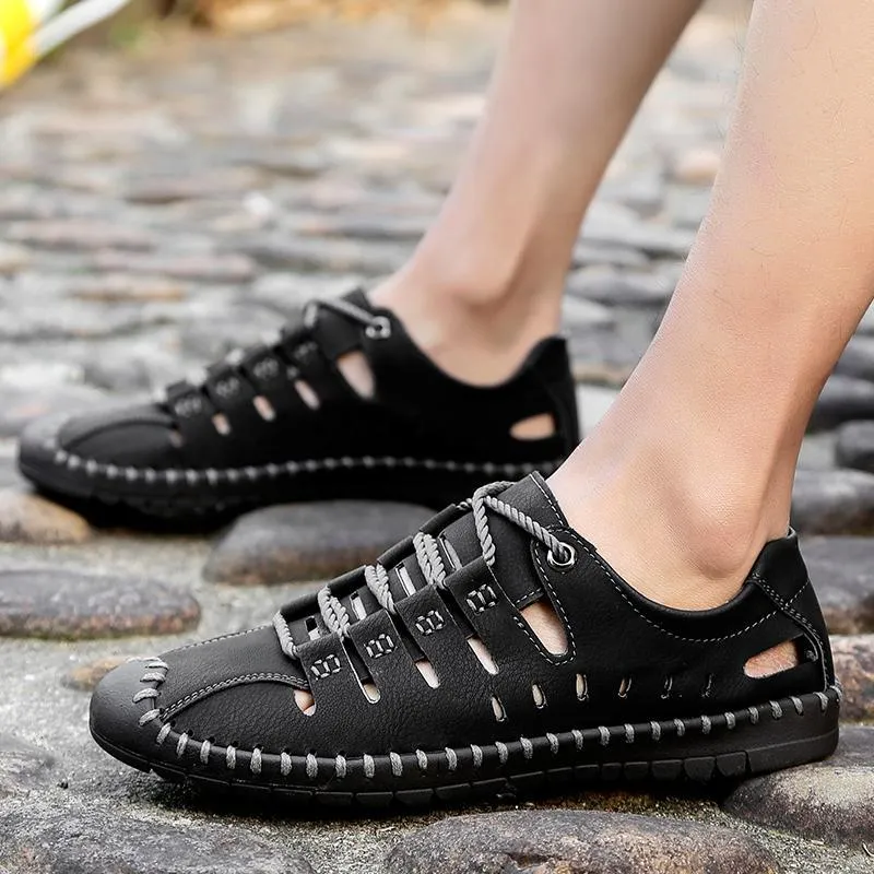 Men's Breathable Leather Large Size Stitching Hollow Out Water Shoes