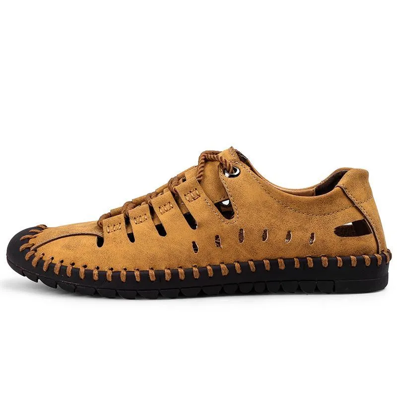 Men's Breathable Leather Large Size Stitching Hollow Out Water Shoes