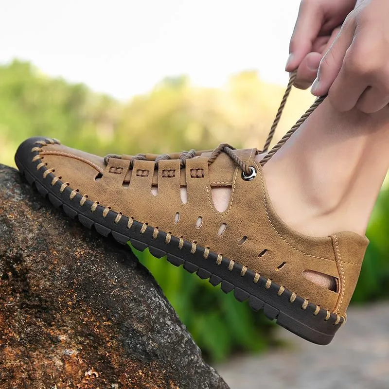 Men's Breathable Leather Large Size Stitching Hollow Out Water Shoes
