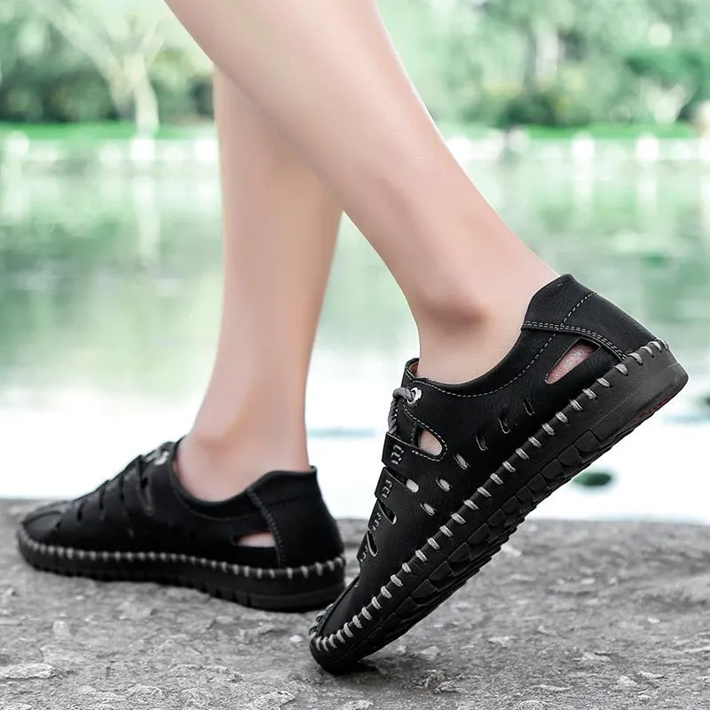 Men's Breathable Leather Large Size Stitching Hollow Out Water Shoes