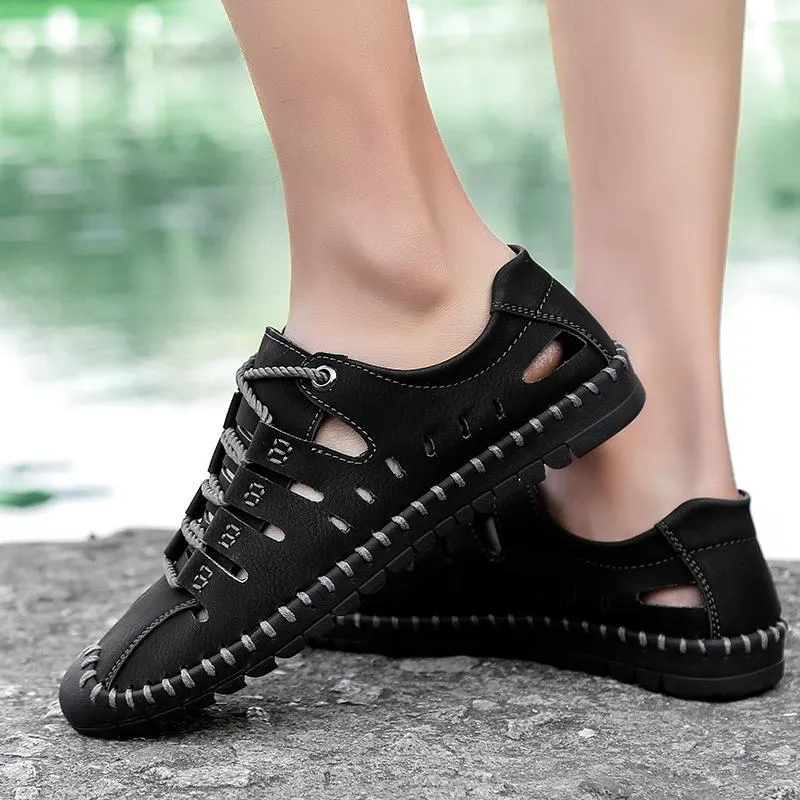 Men's Breathable Leather Large Size Stitching Hollow Out Water Shoes