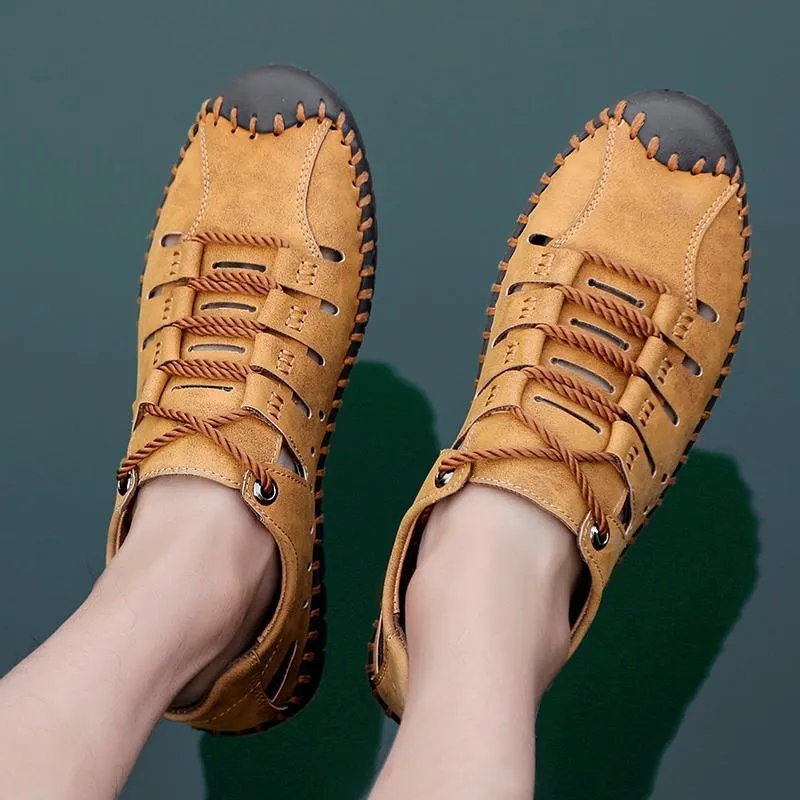 Men's Breathable Leather Large Size Stitching Hollow Out Water Shoes