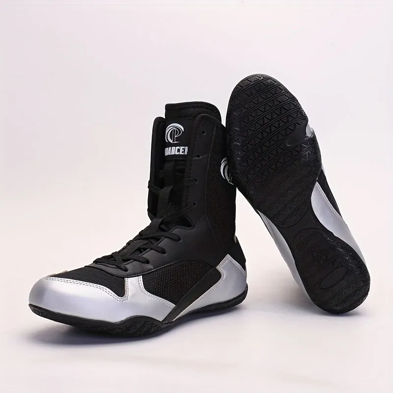 Men's Lace-Up Black and White Boxing Shoes With Rubber Sole
