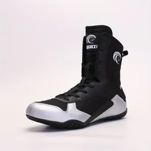 Men's Lace-Up Black and White Boxing Shoes With Rubber Sole
