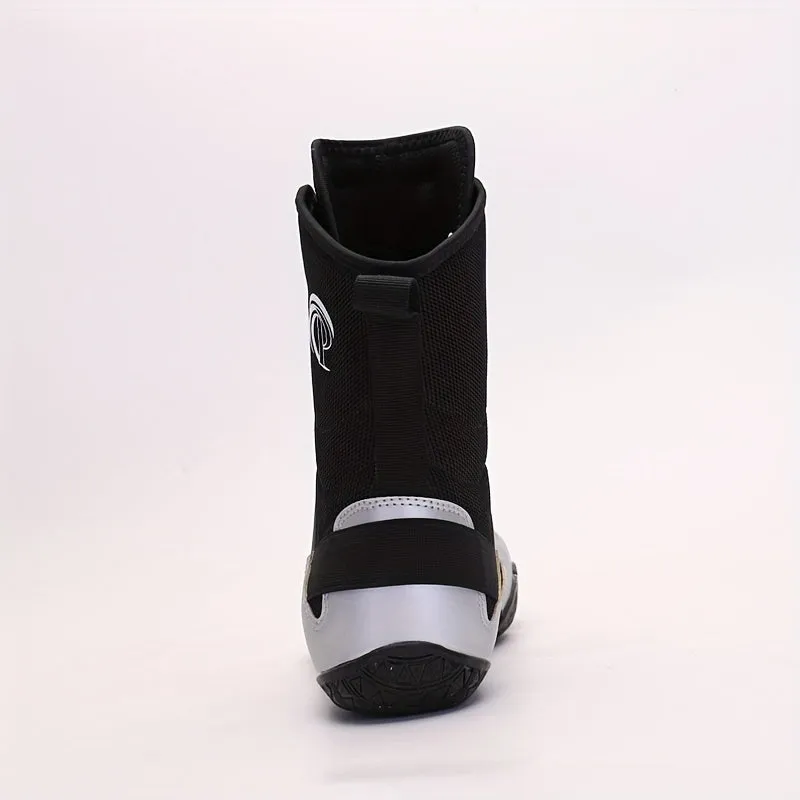 Men's Lace-Up Black and White Boxing Shoes With Rubber Sole