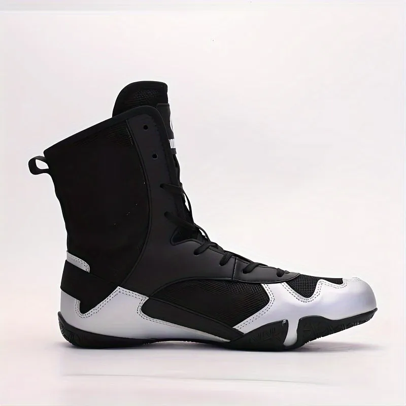 Men's Lace-Up Black and White Boxing Shoes With Rubber Sole