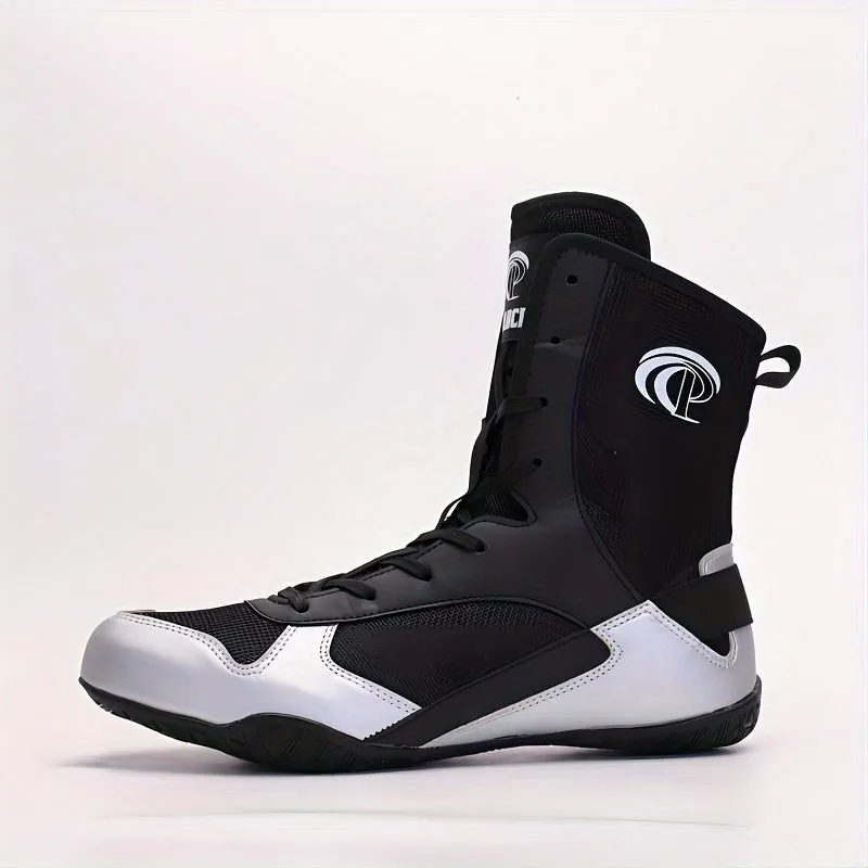Men's Lace-Up Black and White Boxing Shoes With Rubber Sole