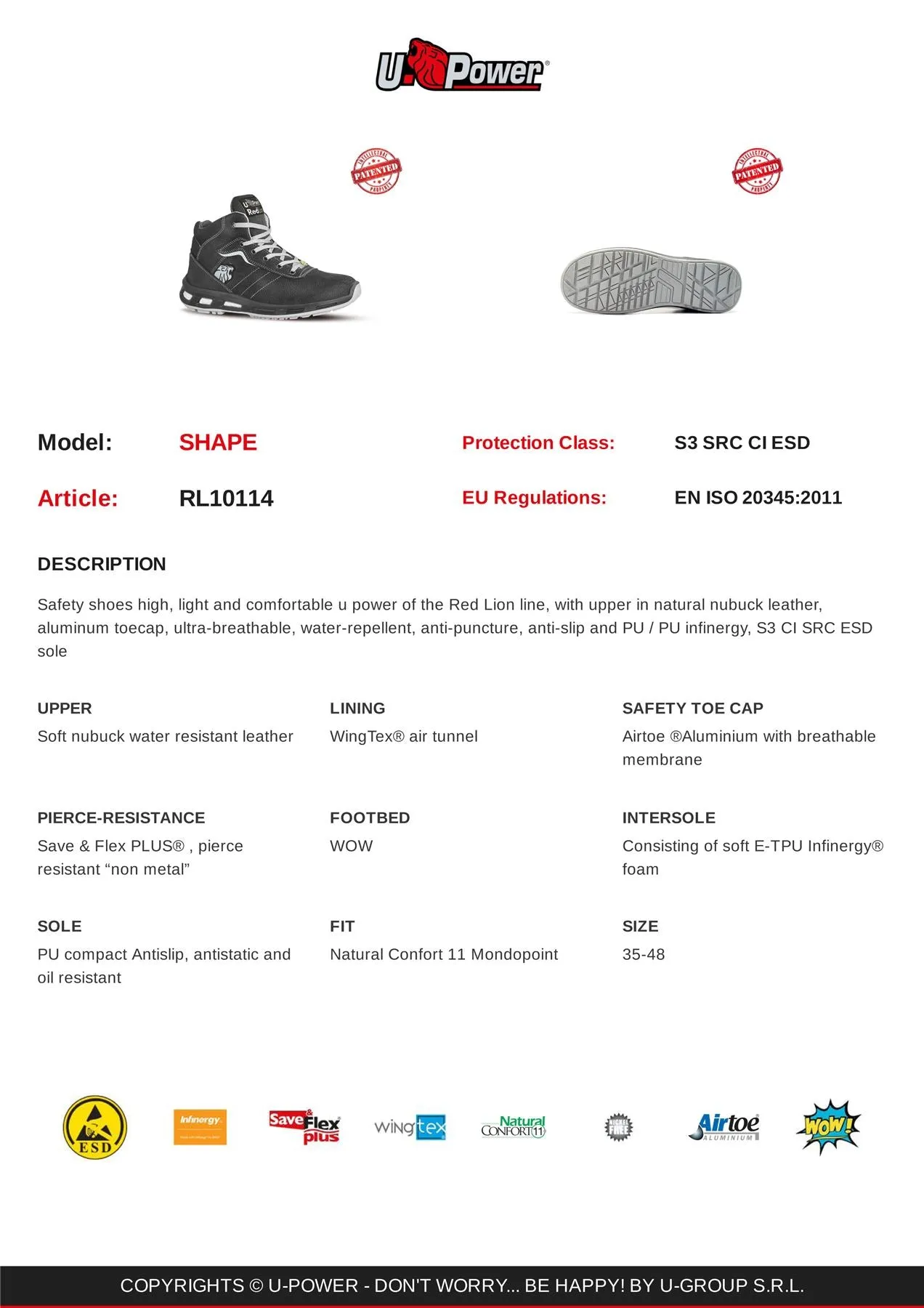 U-Power Shape Lightweight ESD Safety Toecap Midsole Infinergy Work Boots